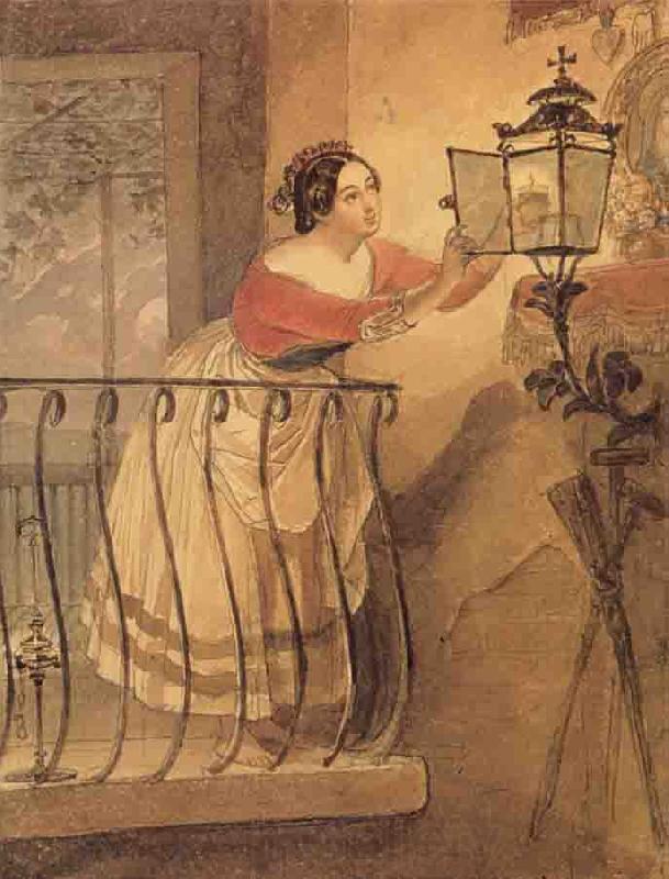 Karl Briullov An Italian Woman Lighting a lamp bfore the Image of the Madonna Spain oil painting art